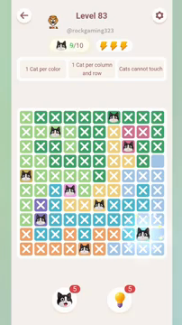 Meowdoku Level 83 step 9 screenshot showing the cat placement at I9 with 9 of 10 cats visible on the board.