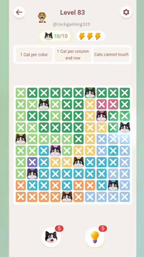 Meowdoku Level 83 step 10 screenshot showing the cat placement at J4 with 10 of 10 cats visible on the board.