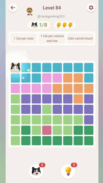 Meowdoku Level 84 step 1 screenshot showing the cat placement at A1 with 1 of 8 cats visible on the board.