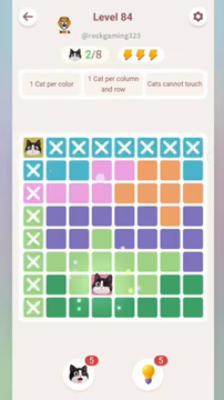 Meowdoku Level 84 step 2 screenshot showing the cat placement at D7 with 2 of 8 cats visible on the board.