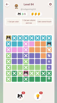 Meowdoku Level 84 step 3 screenshot showing the cat placement at H2 with 3 of 8 cats visible on the board.