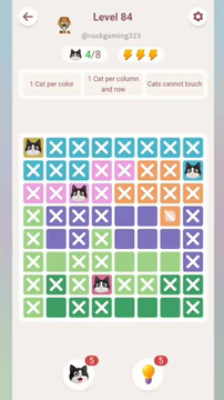 Meowdoku Level 84 step 4 screenshot showing the cat placement at C3 with 4 of 8 cats visible on the board.