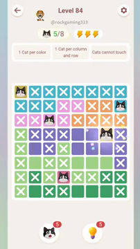 Meowdoku Level 84 step 5 screenshot showing the cat placement at G4 with 5 of 8 cats visible on the board.