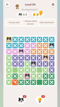 Meowdoku Level 84 step 6 screenshot showing the cat placement at E5 with 6 of 8 cats visible on the board.