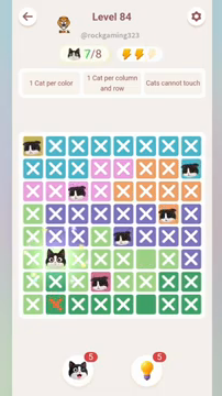 Meowdoku Level 84 step 7 screenshot showing the cat placement at B6 with 7 of 8 cats visible on the board.