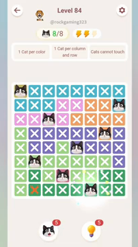 Meowdoku Level 84 step 8 screenshot showing the cat placement at F8 with 8 of 8 cats visible on the board.