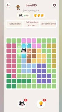 Meowdoku Level 85 step 1 screenshot showing the cat placement at D3 with 1 of 10 cats visible on the board.