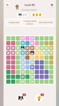 Meowdoku Level 85 step 2 screenshot showing the cat placement at F4 with 2 of 10 cats visible on the board.