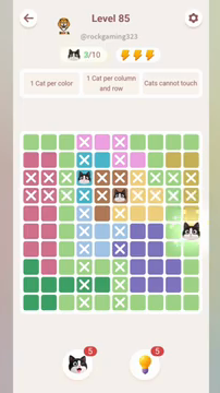 Meowdoku Level 85 step 3 screenshot showing the cat placement at J6 with 3 of 10 cats visible on the board.