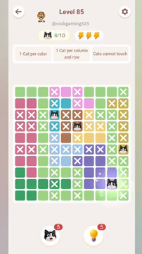 Meowdoku Level 85 step 4 screenshot showing the cat placement at I9 with 4 of 10 cats visible on the board.