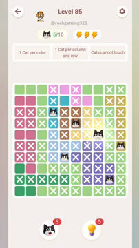 Meowdoku Level 85 step 6 screenshot showing the cat placement at H5 with 6 of 10 cats visible on the board.