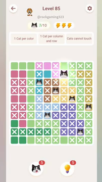 Meowdoku Level 85 step 7 screenshot showing the cat placement at G2 with 7 of 10 cats visible on the board.