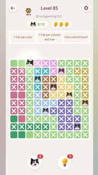 Meowdoku Level 85 step 8 screenshot showing the cat placement at C1 with 8 of 10 cats visible on the board.