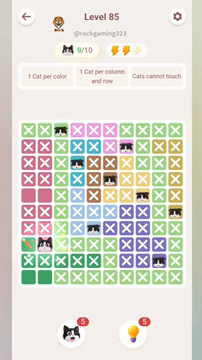 Meowdoku Level 85 step 9 screenshot showing the cat placement at B8 with 9 of 10 cats visible on the board.