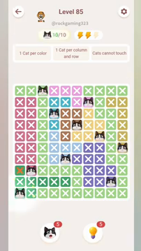 Meowdoku Level 85 step 10 screenshot showing the cat placement at A10 with 10 of 10 cats visible on the board.
