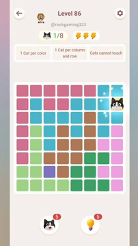 Meowdoku Level 86 step 1 screenshot showing the cat placement at H2 with 1 of 8 cats visible on the board.
