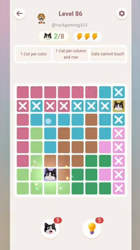 Meowdoku Level 86 step 2 screenshot showing the cat placement at C7 with 2 of 8 cats visible on the board.