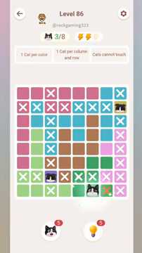 Meowdoku Level 86 step 3 screenshot showing the cat placement at F8 with 3 of 8 cats visible on the board.