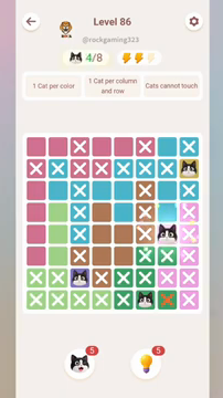 Meowdoku Level 86 step 4 screenshot showing the cat placement at G5 with 4 of 8 cats visible on the board.