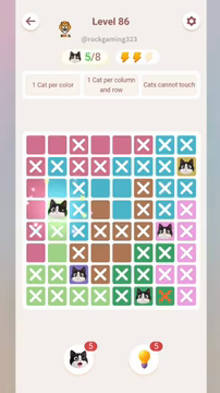 Meowdoku Level 86 step 5 screenshot showing the cat placement at B4 with 5 of 8 cats visible on the board.