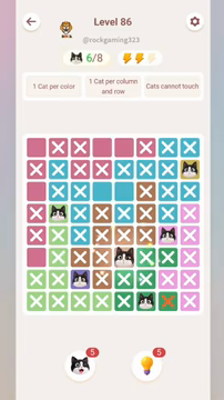 Meowdoku Level 86 step 6 screenshot showing the cat placement at E6 with 6 of 8 cats visible on the board.