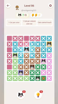 Meowdoku Level 86 step 7 screenshot showing the cat placement at D3 with 7 of 8 cats visible on the board.