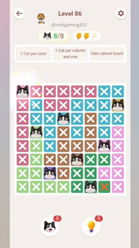 Meowdoku Level 86 step 8 screenshot showing the cat placement at A1 with 8 of 8 cats visible on the board.