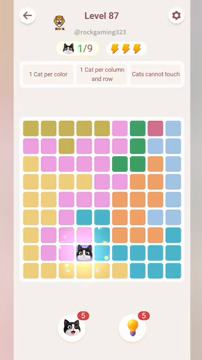 Meowdoku Level 87 step 1 screenshot showing the cat placement at D8 with 1 of 9 cats visible on the board.