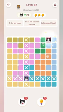 Meowdoku Level 87 step 2 screenshot showing the cat placement at H1 with 2 of 9 cats visible on the board.