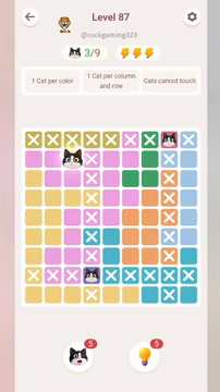 Meowdoku Level 87 step 3 screenshot showing the cat placement at C2 with 3 of 9 cats visible on the board.