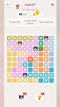 Meowdoku Level 87 step 4 screenshot showing the cat placement at F3 with 4 of 9 cats visible on the board.