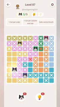 Meowdoku Level 87 step 5 screenshot showing the cat placement at B7 with 5 of 9 cats visible on the board.