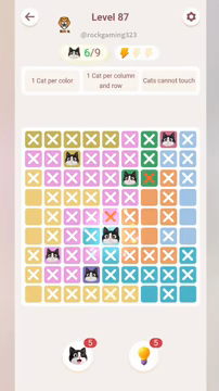Meowdoku Level 87 step 6 screenshot showing the cat placement at E6 with 6 of 9 cats visible on the board.