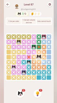 Meowdoku Level 87 step 7 screenshot showing the cat placement at G5 with 7 of 9 cats visible on the board.