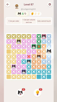 Meowdoku Level 87 step 8 screenshot showing the cat placement at I4 with 8 of 9 cats visible on the board.