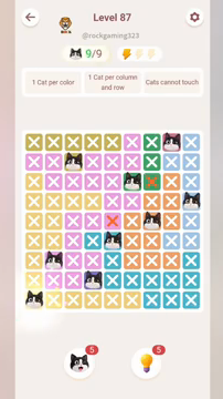 Meowdoku Level 87 step 9 screenshot showing the cat placement at A9 with 9 of 9 cats visible on the board.