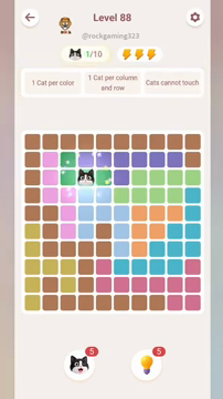Meowdoku Level 88 step 1 screenshot showing the cat placement at D3 with 1 of 10 cats visible on the board.