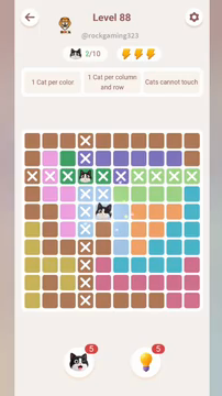 Meowdoku Level 88 step 2 screenshot showing the cat placement at E5 with 2 of 10 cats visible on the board.