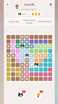 Meowdoku Level 88 step 3 screenshot showing the cat placement at G7 with 3 of 10 cats visible on the board.