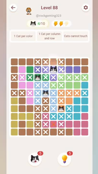 Meowdoku Level 88 step 4 screenshot showing the cat placement at F2 with 4 of 10 cats visible on the board.
