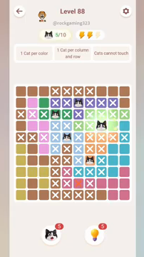 Meowdoku Level 88 step 5 screenshot showing the cat placement at H4 with 5 of 10 cats visible on the board.