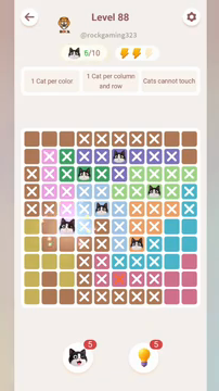 Meowdoku Level 88 step 6 screenshot showing the cat placement at C6 with 6 of 10 cats visible on the board.