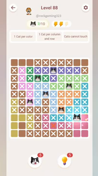 Meowdoku Level 88 step 7 screenshot showing the cat placement at I8 with 7 of 10 cats visible on the board.