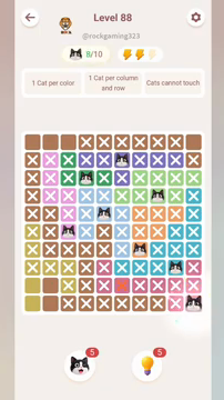 Meowdoku Level 88 step 8 screenshot showing the cat placement at J10 with 8 of 10 cats visible on the board.