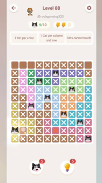 Meowdoku Level 88 step 9 screenshot showing the cat placement at A9 with 9 of 10 cats visible on the board.