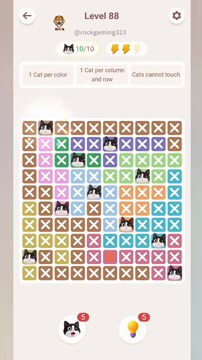 Meowdoku Level 88 step 10 screenshot showing the cat placement at B1 with 10 of 10 cats visible on the board.