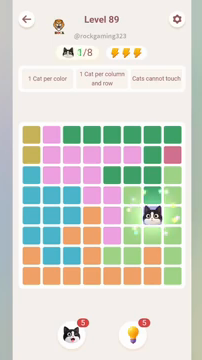 Meowdoku Level 89 step 1 screenshot showing the cat placement at G5 with 1 of 8 cats visible on the board.