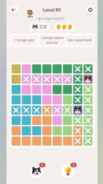Meowdoku Level 89 step 2 screenshot showing the cat placement at H2 with 2 of 8 cats visible on the board.