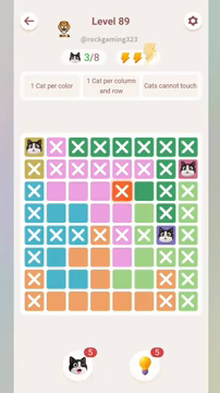 Meowdoku Level 89 step 3 screenshot showing the cat placement at A1 with 3 of 8 cats visible on the board.