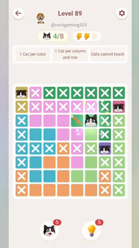 Meowdoku Level 89 step 4 screenshot showing the cat placement at F3 with 4 of 8 cats visible on the board.